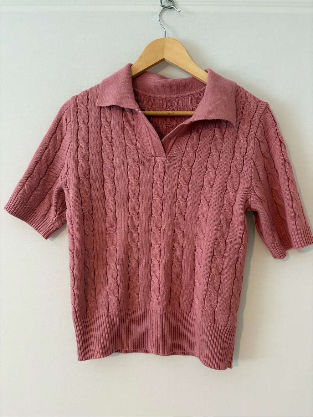 Cable Knit Polo Sweater Top - Dusty Rose